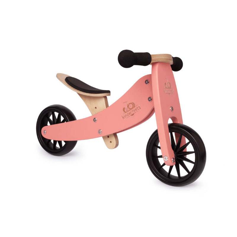 Kinderfeets houten loopfiets & driewieler Tiny Tot Coral zijkant